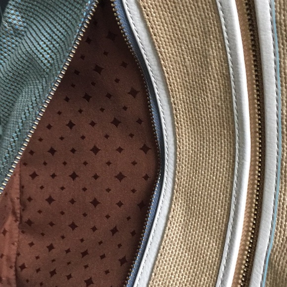 FOSSIL Explorer Tote Canvas Woven Straw Crossbody and Wallet Set Tan Blue - Picture 4 of 15